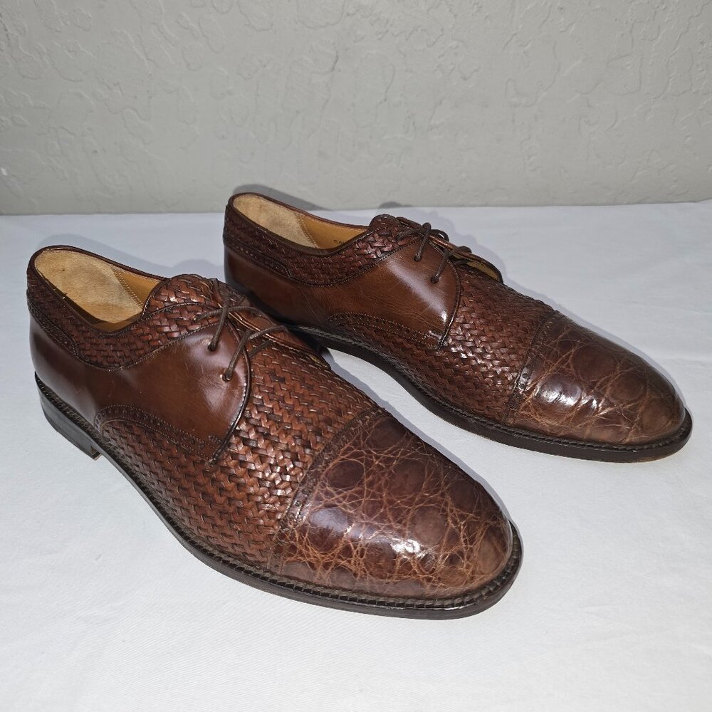 Mezlan Salinas Brown Woven Leather & Crocodile Cap Toe Oxfords Men's Size 10 M